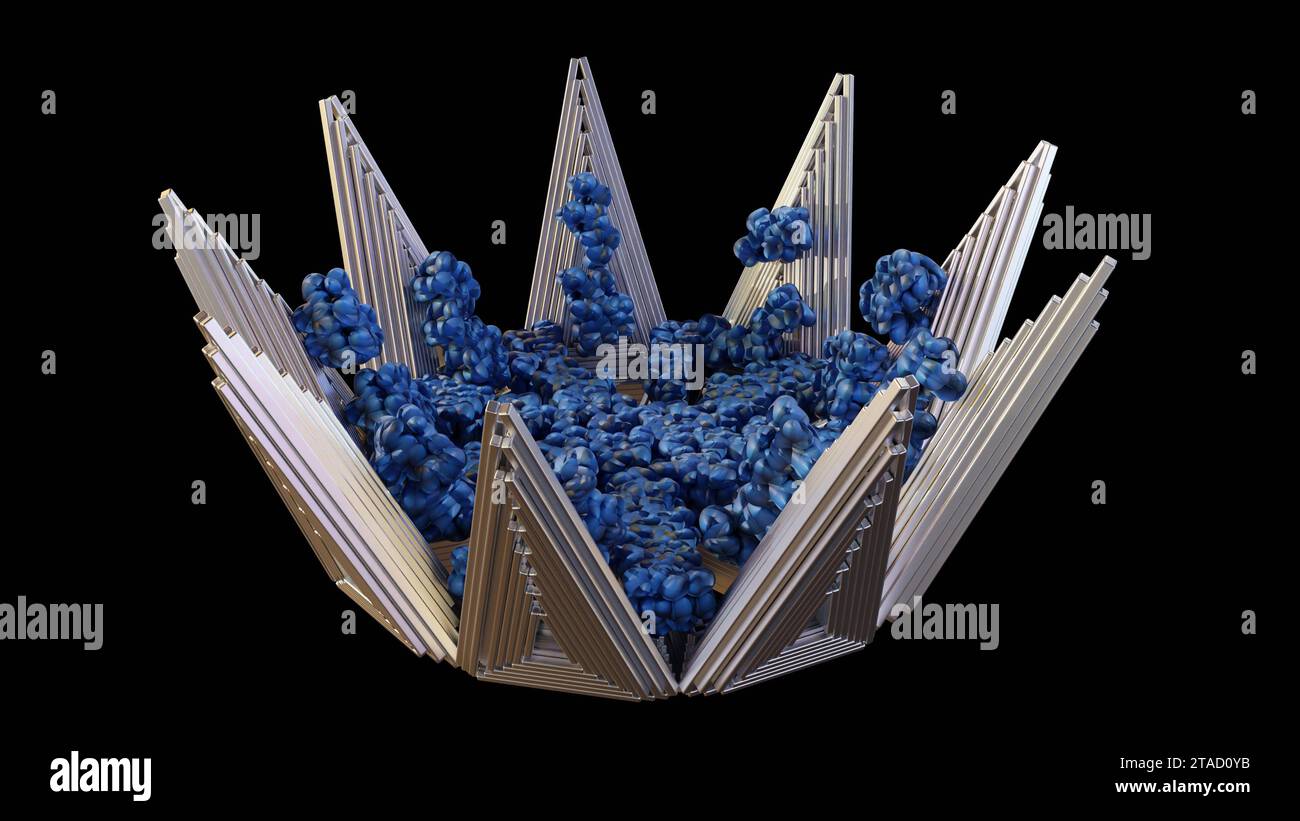 La tecnologia DNA origami è stata in grado di inghiottere un intero corpo del virus o noto come trappola del virus molecolare isolato nel rendering 3d a sfondo nero Foto Stock