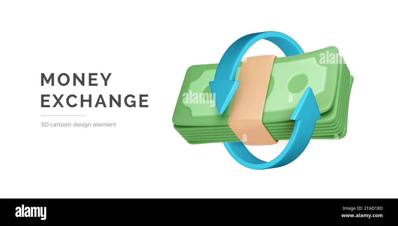 Pacchetto 3D Money con frecce circolari. Cambio valuta. Servizio di pagamento e rimborso. Gestione finanziaria. Illustrazione vettoriale Illustrazione Vettoriale