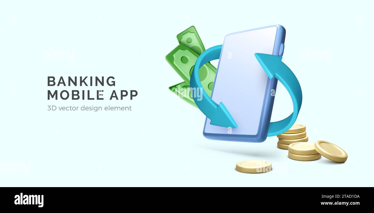 App mobile online banking. Smartphone con cartoni animati 3D con frecce, cartamoneta e monete d'oro. Servizio di cashback. Concetto di gestione del denaro. Illustrazione vettoriale Illustrazione Vettoriale