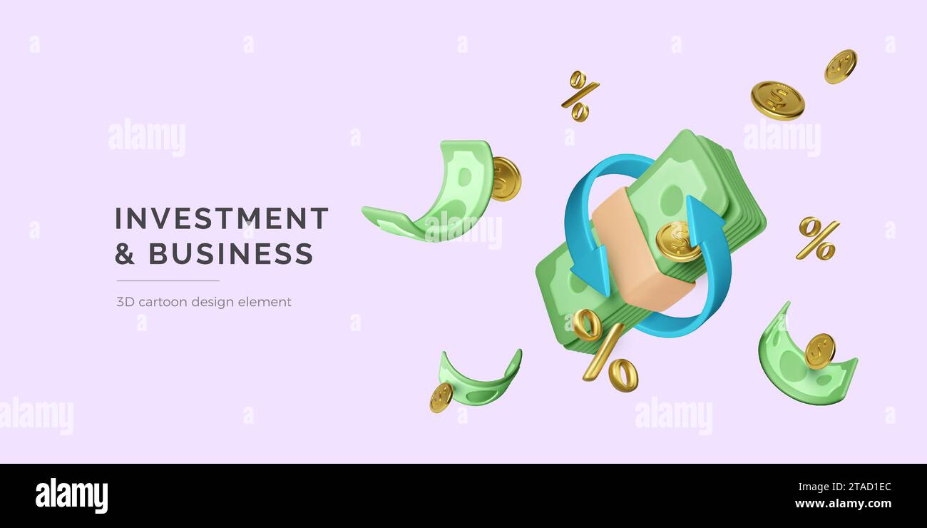 Investimento in borsa e concetto di business. Pacchetto di carta moneta con banconote verdi volanti e monete d'oro con segno percentuale. Progettazione di cartoni animati 3D. Illustrazione Vettoriale