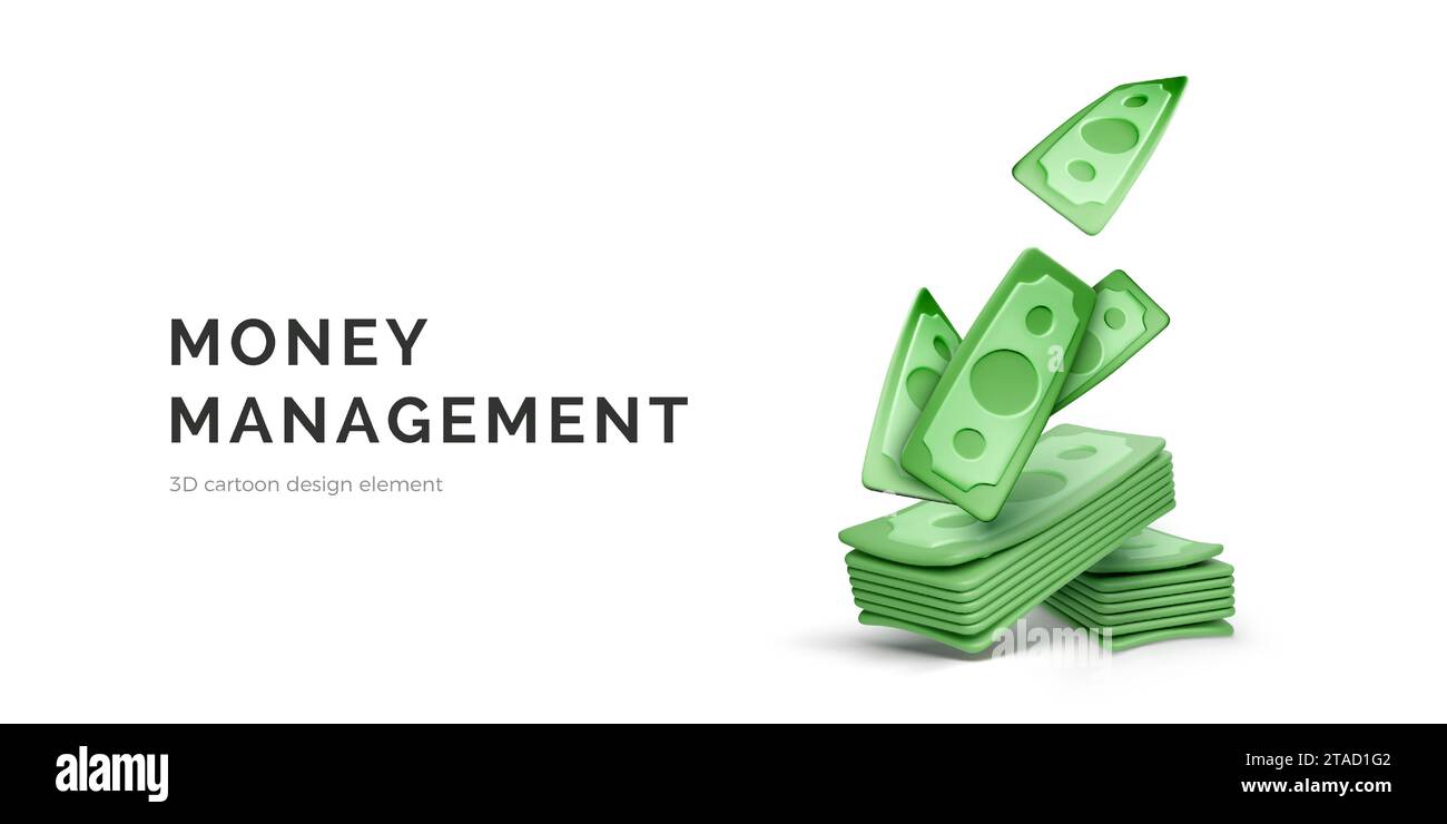 Gestione del denaro. Dollari verdi dei cartoni animati che cadono su un pacchetto di valuta cartacea. Concetto di business e finanza. Illustrazione vettoriale 3D. Illustrazione Vettoriale