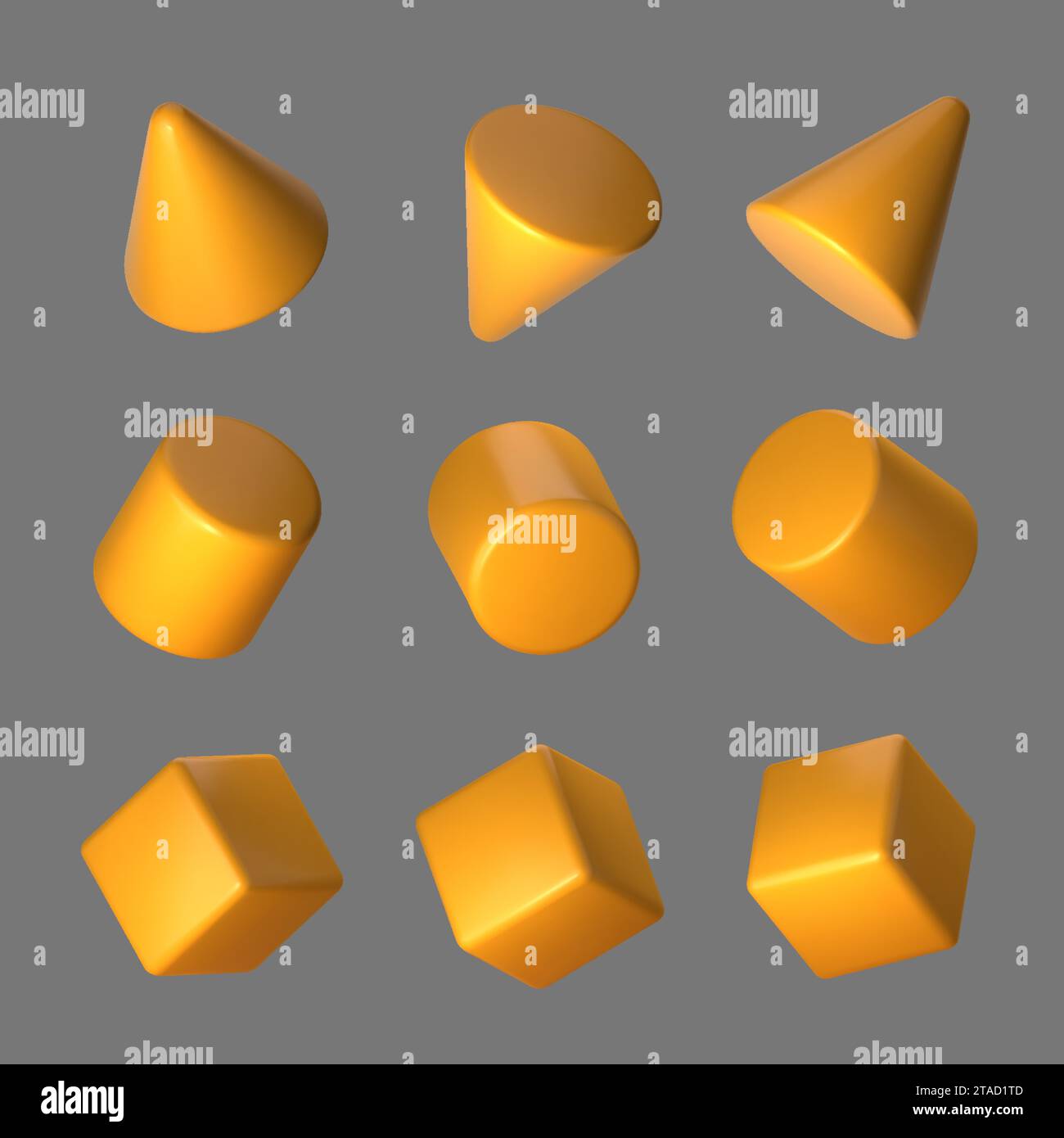 3d del set di forme geometriche gialle. Cubo geometrico arancione realistico, cono e cilindro in prospettiva isolati su sfondo grigio. Illustrazione vettoriale. Illustrazione Vettoriale