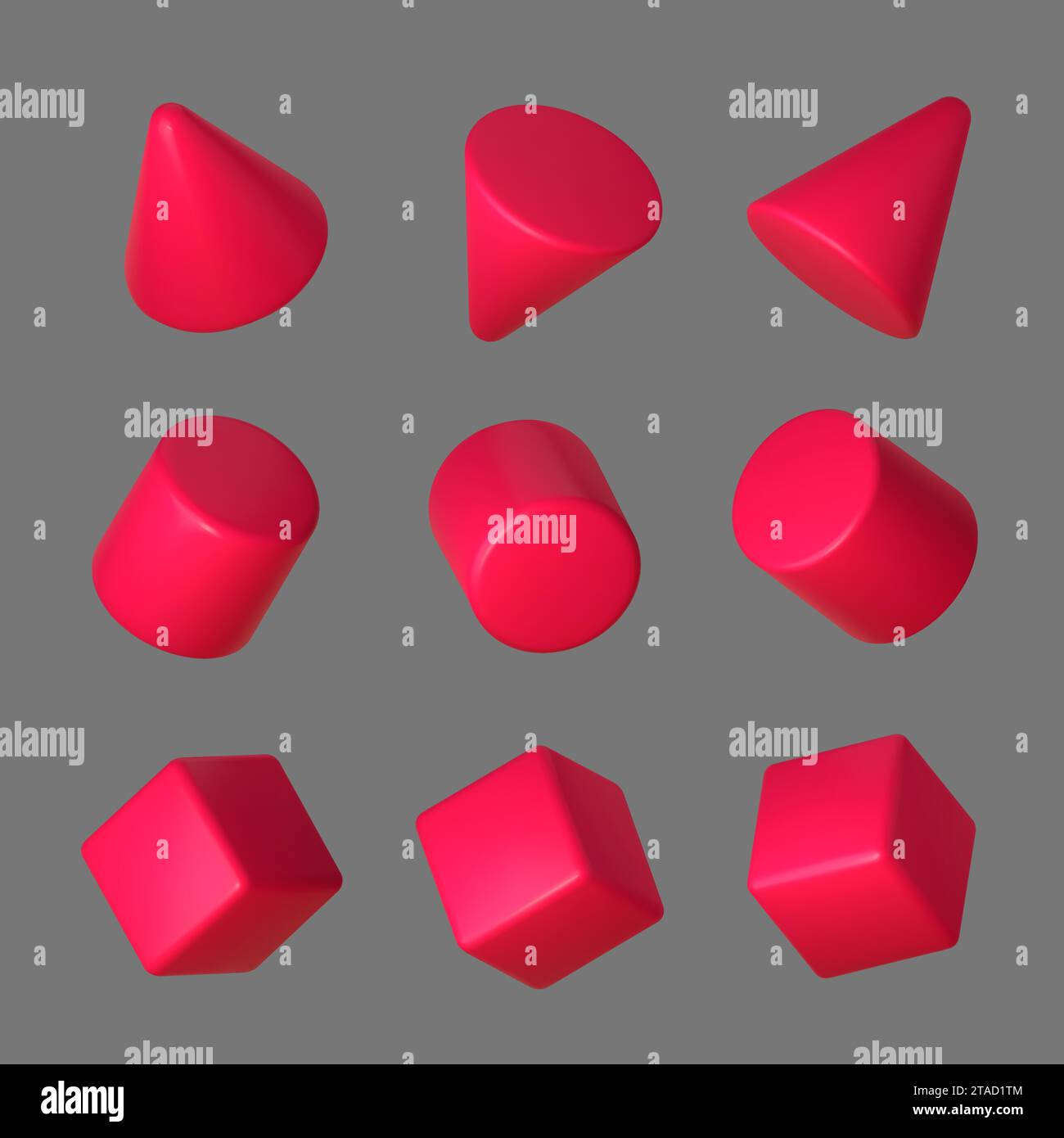 3d del set di forme geometriche rosa. Cubo geometrico rosso realistico, cono e cilindro in prospettiva isolati su sfondo grigio. Illustrazione vettoriale. Illustrazione Vettoriale