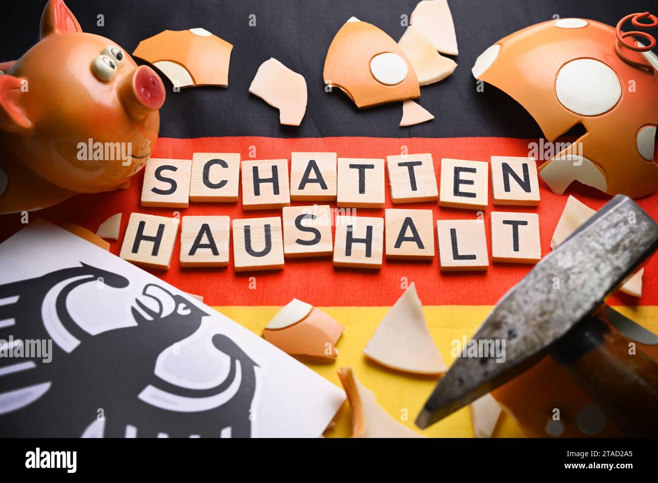 Il salvadanaio schiacciato sulla bandiera tedesca con la scritta Shadow budget Foto Stock