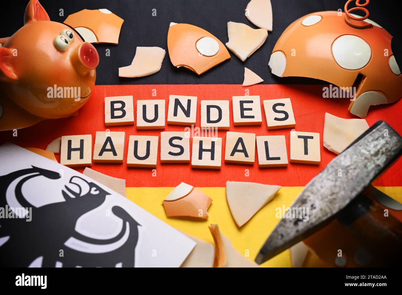 Banca di maialini schiacciata sulla bandiera tedesca con scritte sul bilancio federale Foto Stock