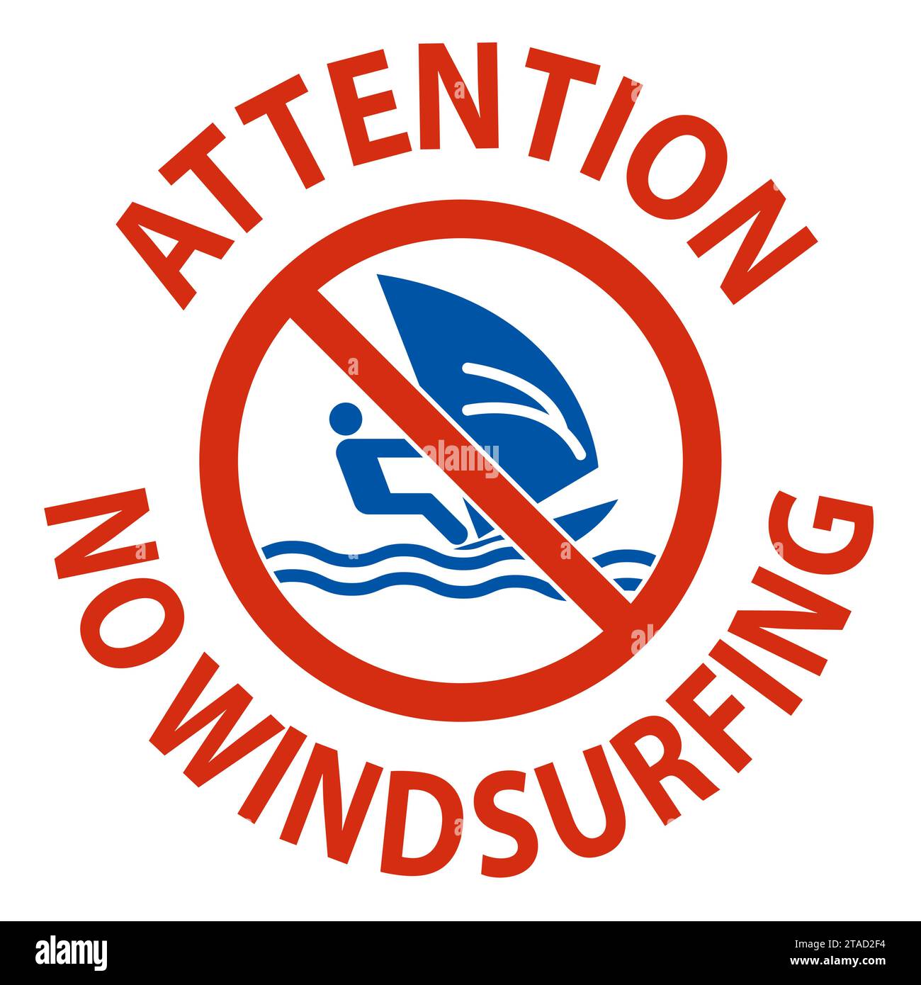 Cartello di sicurezza per l'acqua attenzione, non è consentito praticare windsurf Illustrazione Vettoriale