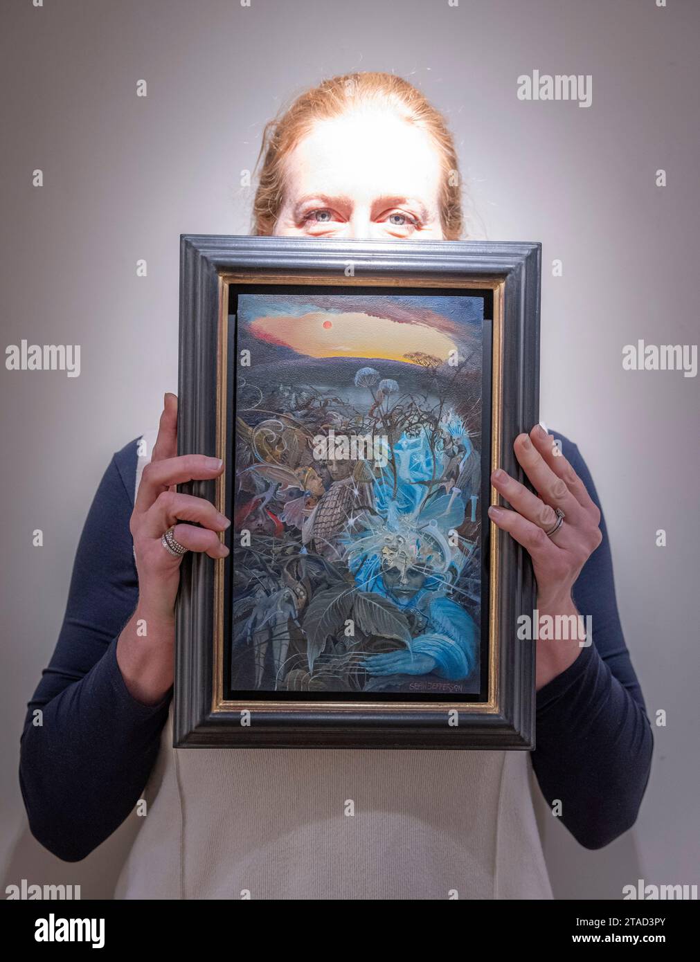 Londra, Regno Unito. 30 novembre 2023. Opere fantastiche di Sean Jefferson (B. 1957), molte tra cui le fate, sono in mostra per la London Art Week al Messum's in St James's da ora e continueranno fino al 22 dicembre. Sono «infusi da un mix di revivalismo Folk, Occult e Art Nouveau mescolati con una psichedelia che sbiadisce, capelli lunghi e pantaloni Bellbotti straordinariamente grandi. Crediti: Malcolm Park/Alamy Live News Foto Stock