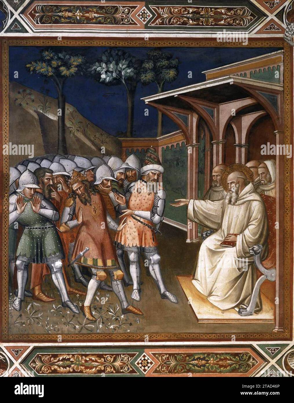 San Benedetto riconosce il portatore della Spada Riggo travestito da Re Totila 1388 da Spinello Aretino Foto Stock