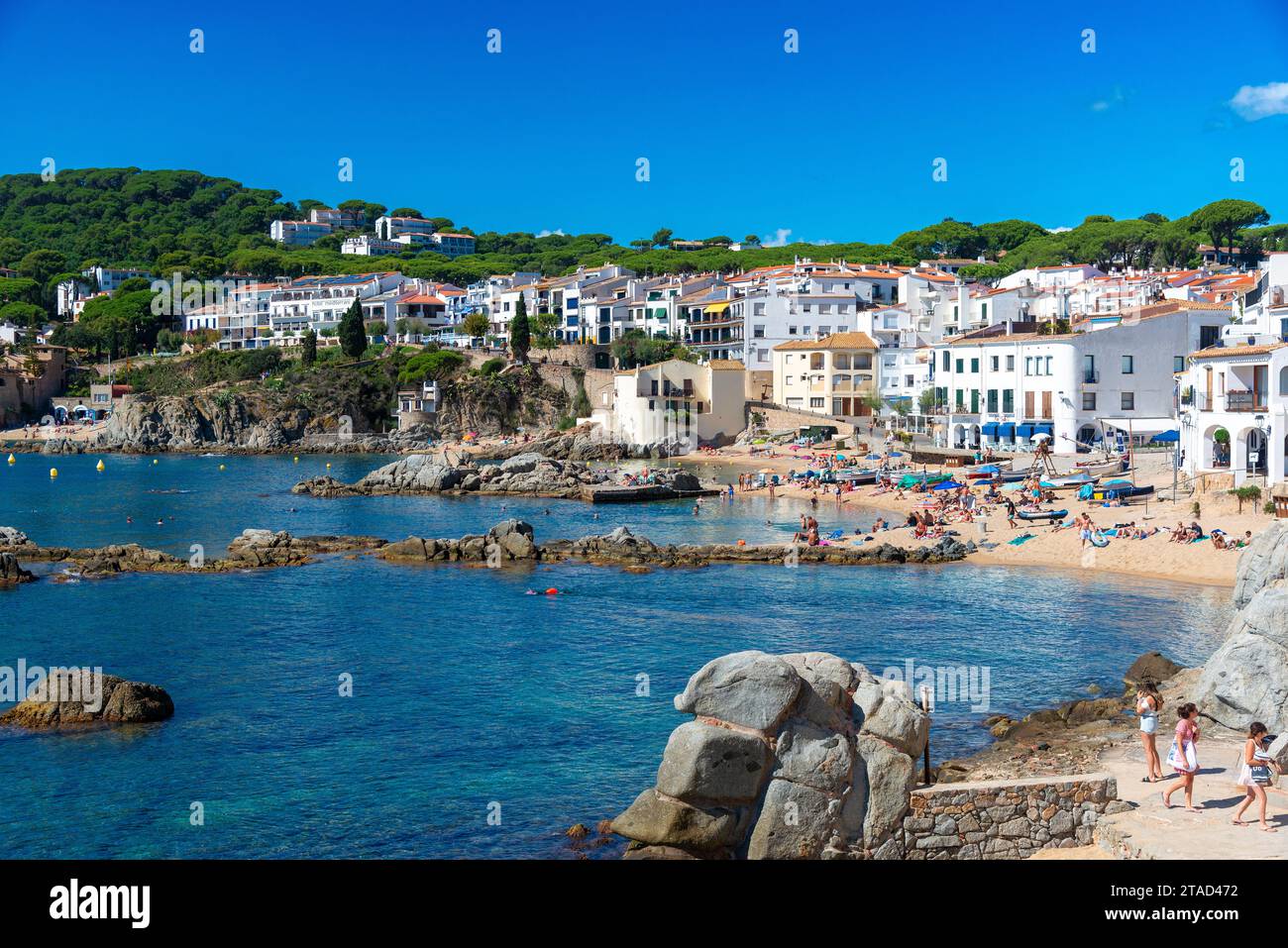 L'originale villaggio di pescatori e pittoresco di Calella de Palafrugell con le sue insenature sabbiose e le spiagge sulla Costa Brava, Girona, Spagna Foto Stock