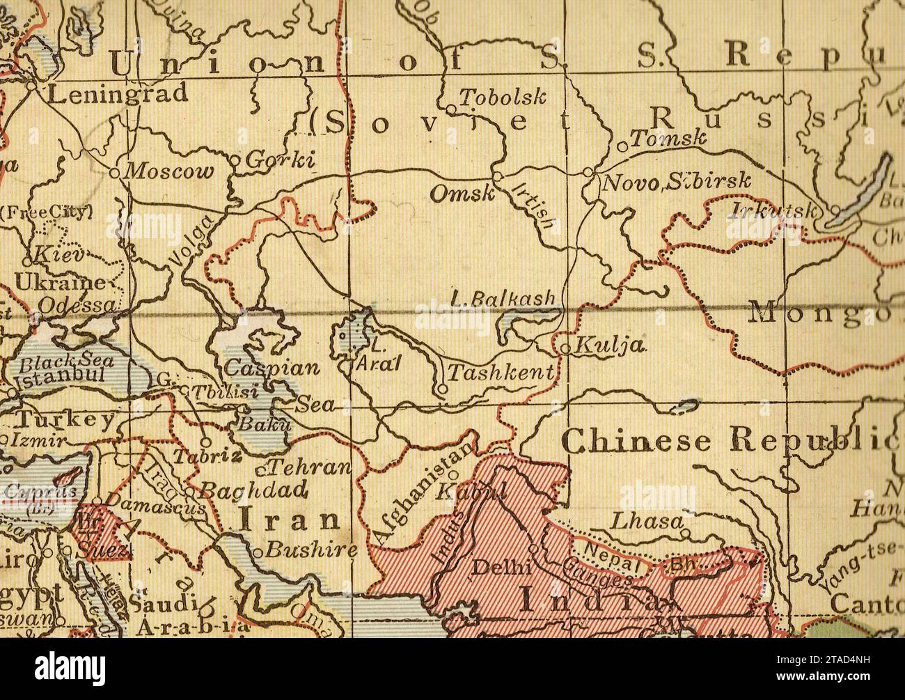 Una mappa politica vintage/antica della Russia centrale e della Cina in seppia. Foto Stock