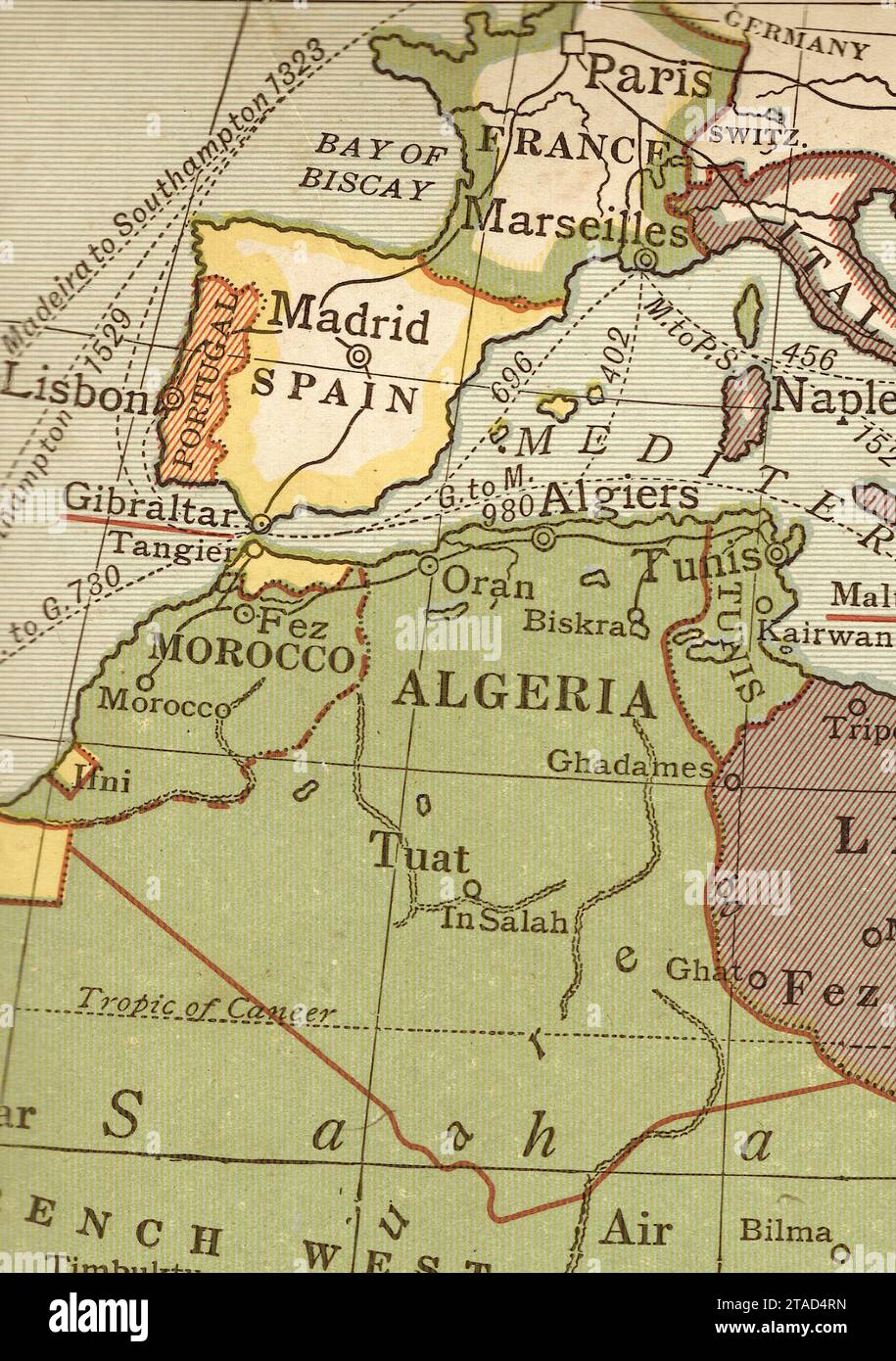 Una mappa politica d'epoca/antica dell'Algeria e del Marocco, dell'Africa in seppia. Foto Stock