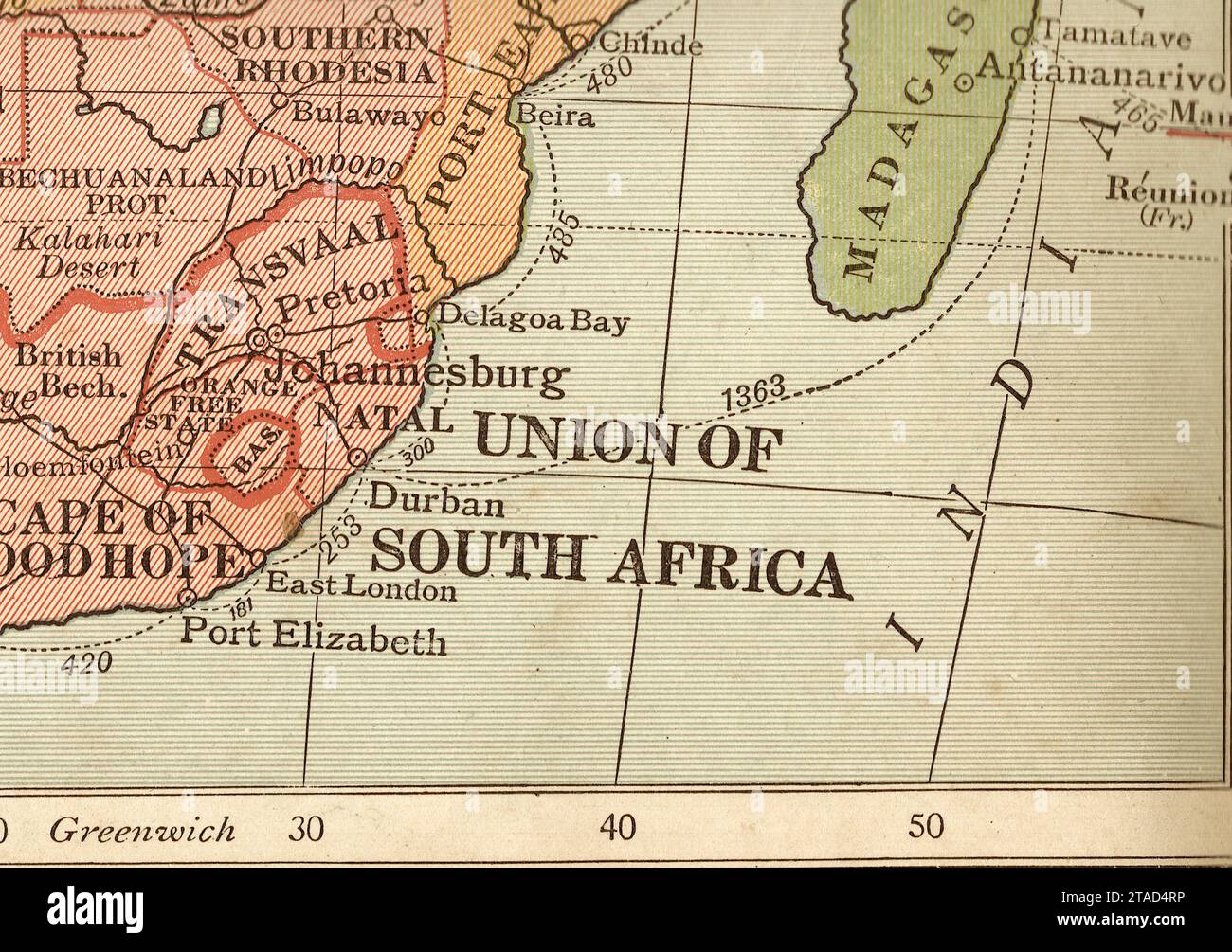 Una mappa politica vintage/antica dell'Unione del Sudafrica in seppia. Foto Stock