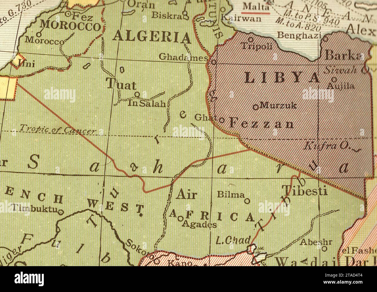 Una mappa politica vintage/antica della regione del Sahara, Africa in seppia. Foto Stock