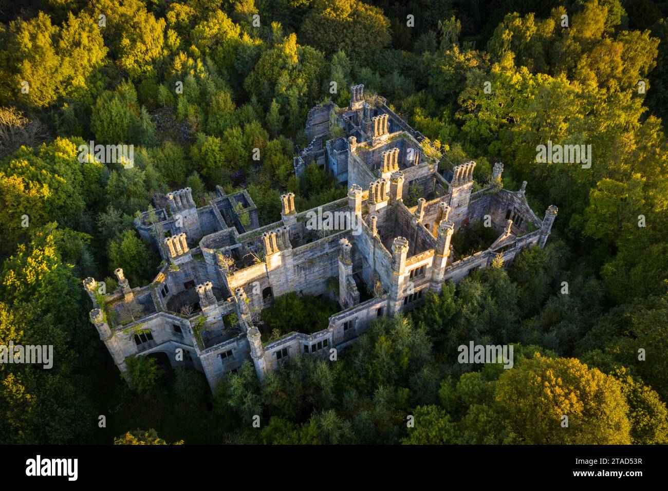 Vista aerea che mostra le rovine di Dunmore House mentre lentamente viene bonificata dalla natura, Airth, Stirlingshire, Scozia. Autunno (settembre) 2022. Foto Stock
