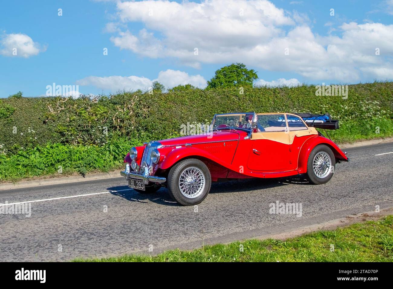 Cabriolet a benzina Red MG Midget da 1466 cc restaurata anni '1955 50, auto sportive a due posti aperte "body-on-frame"; motori d'epoca classici restaurati, collezionisti di automobili appassionati di motori, storiche auto d'epoca che viaggiano nel Cheshire, Regno Unito Foto Stock