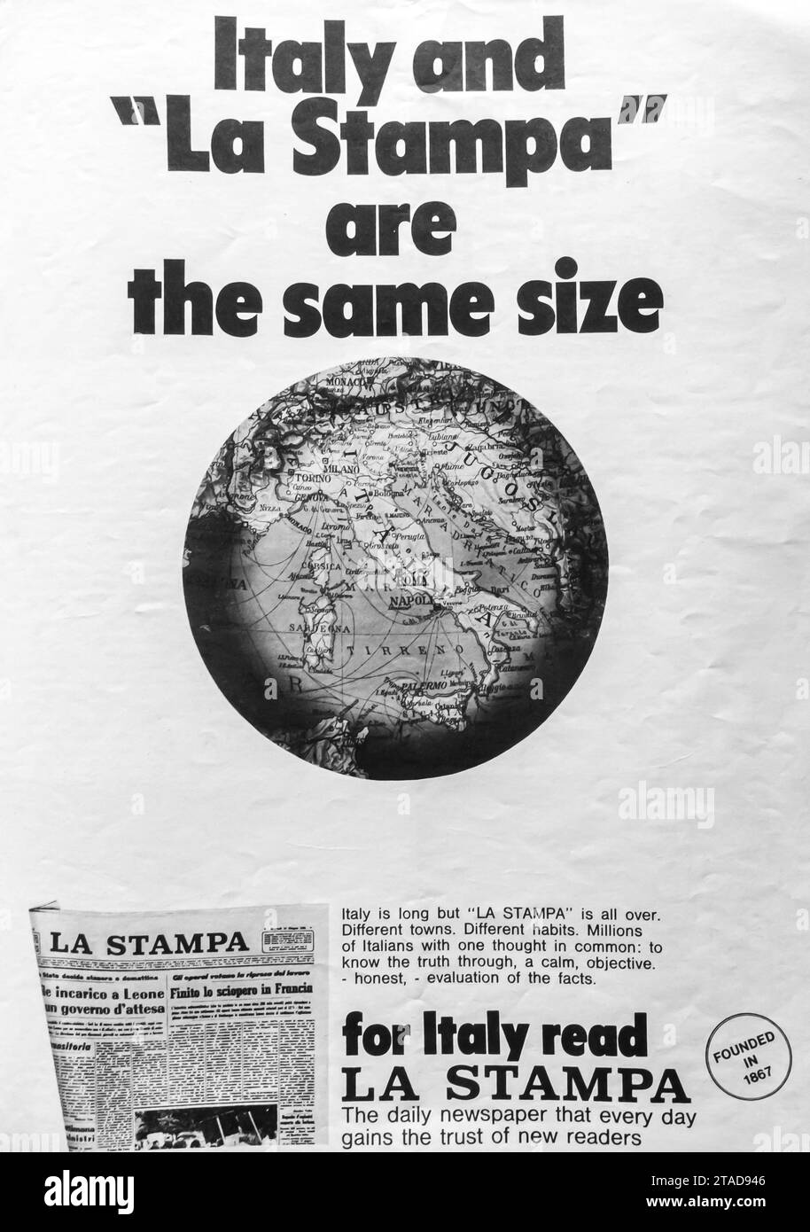 1968 annuncio del quotidiano italiano la Stampa in una rivista LIFE Foto Stock