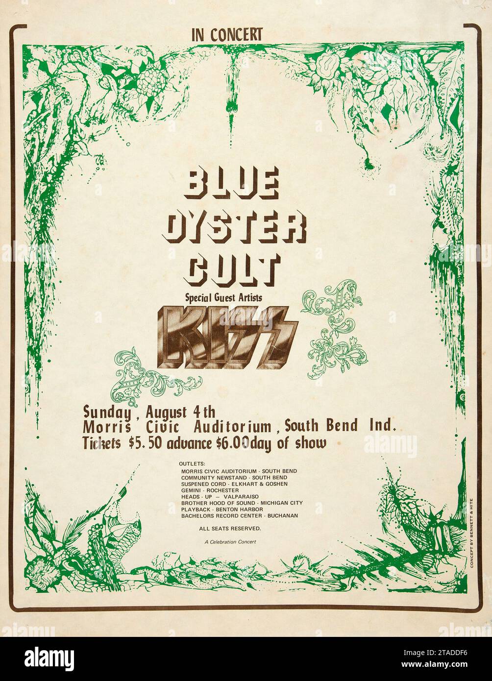 BOC in concerto - Blue Oyster Cult, ospiti speciali: KISS - 1974 - South Bend, Indiana - poster per concerti rock d'epoca. Foto Stock