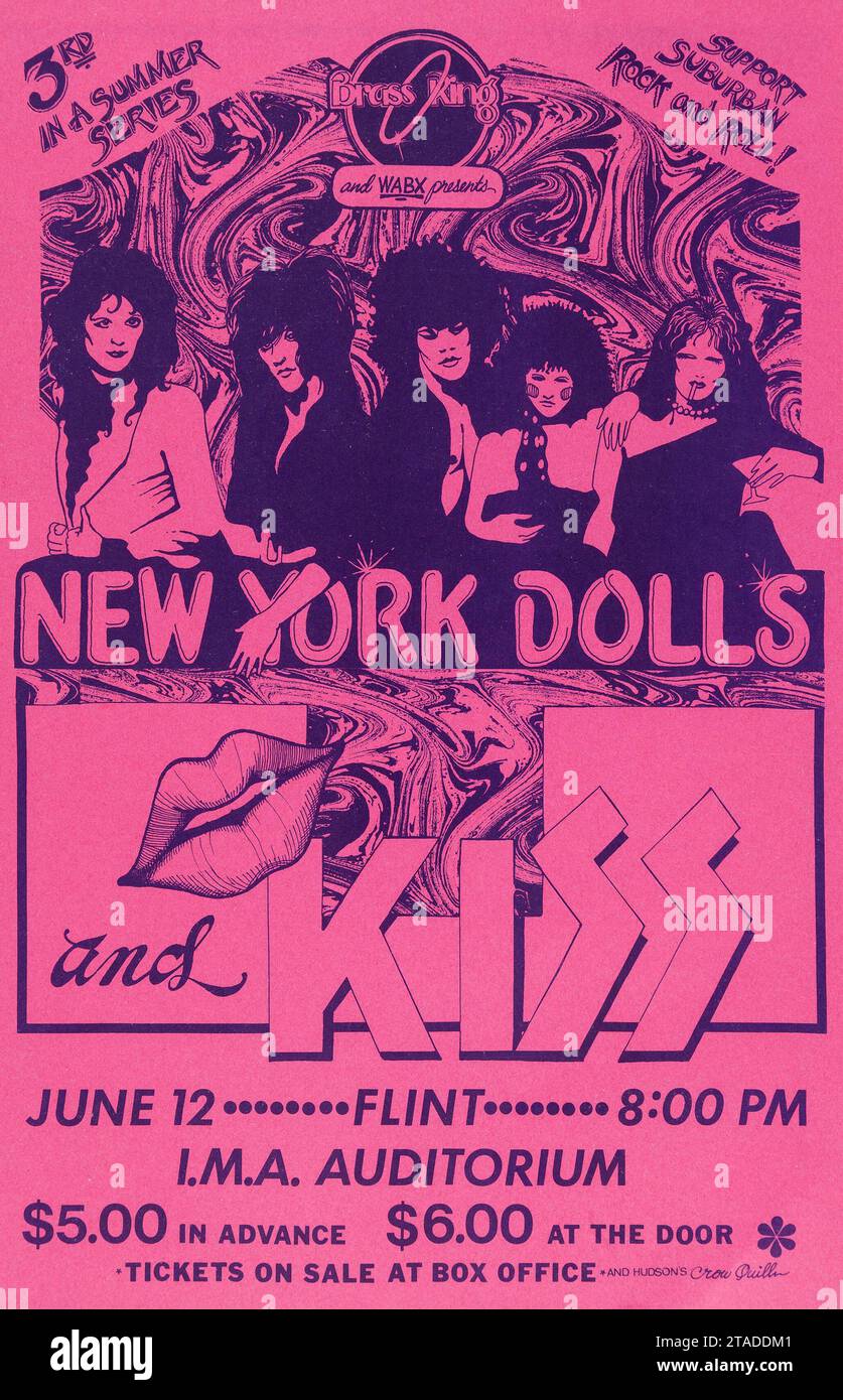 New York Dolls and Kiss - Auditorium I.M.A. - poster dei concerti rock d'epoca (Brass Ring and WABX, 1974) Foto Stock