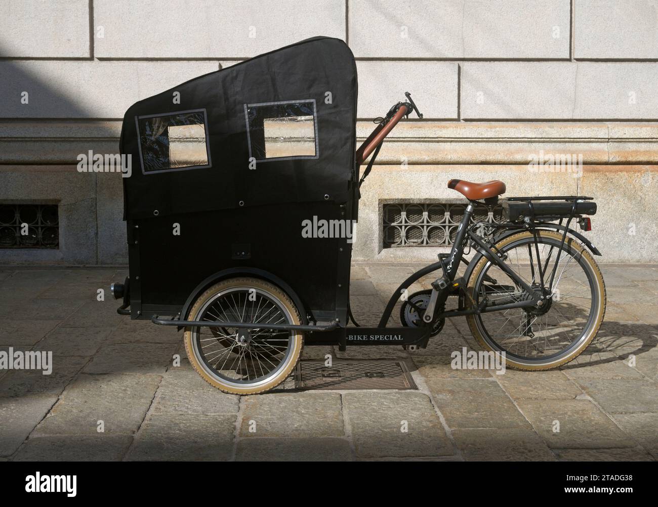 Una bicicletta vintage con portapacchi parcheggiata sul marciapiede, Milano, Italia Foto Stock