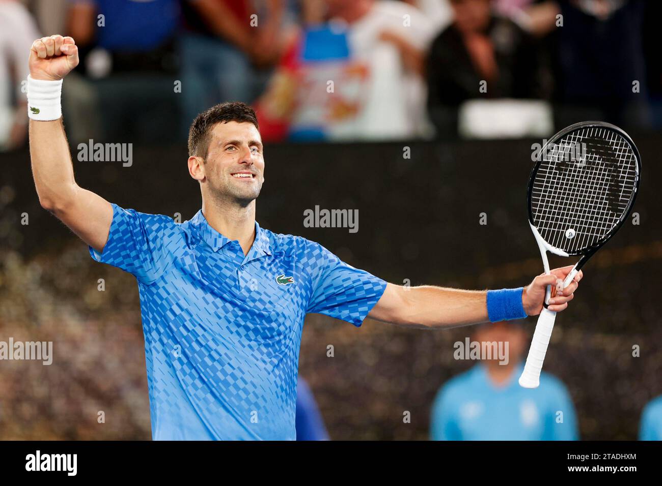 Novak Djokovic festeggia dopo la vittoria, Australian Open 2023, Melbourne Park, Melbourne, Victoria, Australia Foto Stock