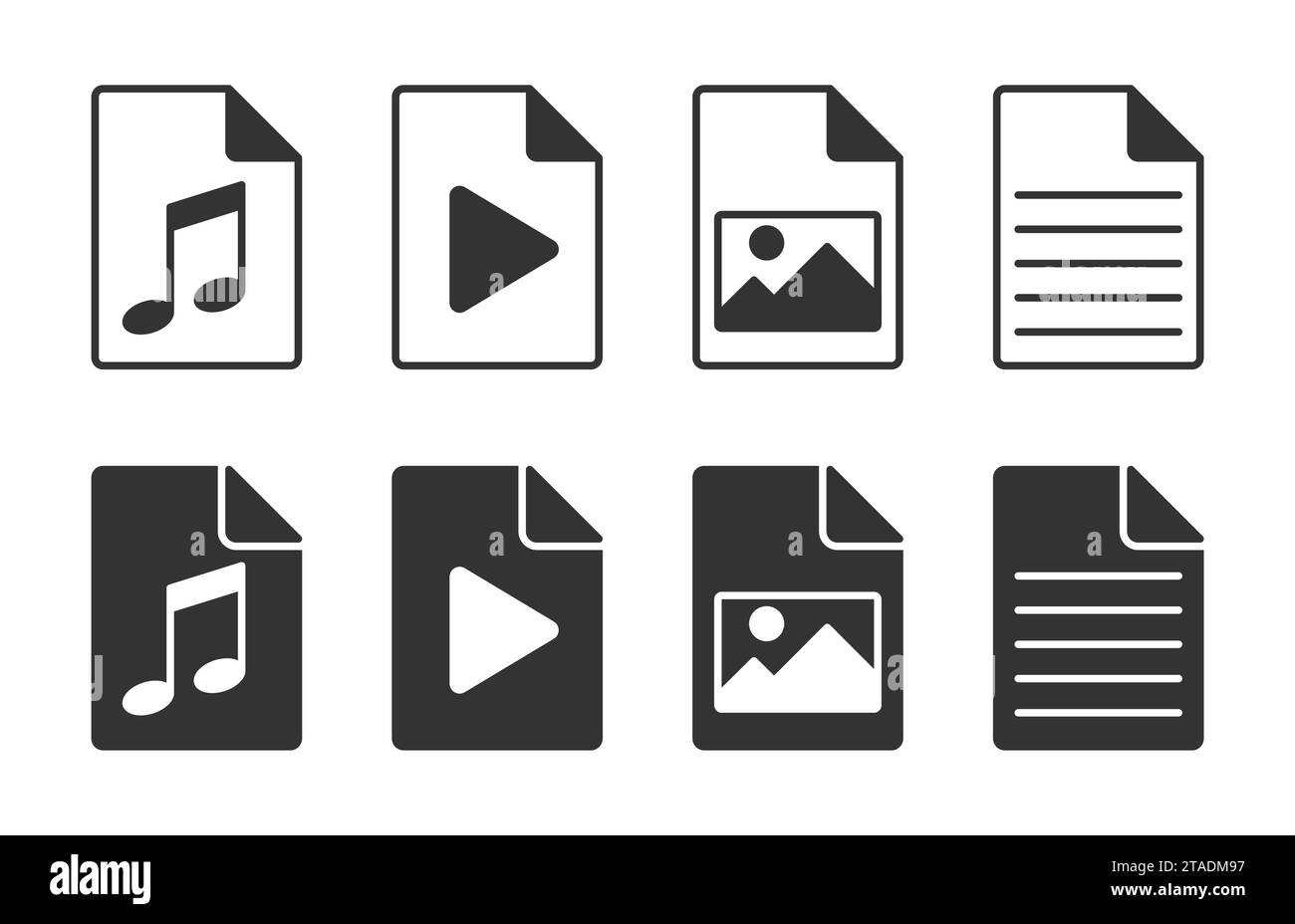 Set di icone di diversi tipi di file. Ad esempio: File multimediali, di testo, audio e di immagine. Illustrazione vettoriale Illustrazione Vettoriale