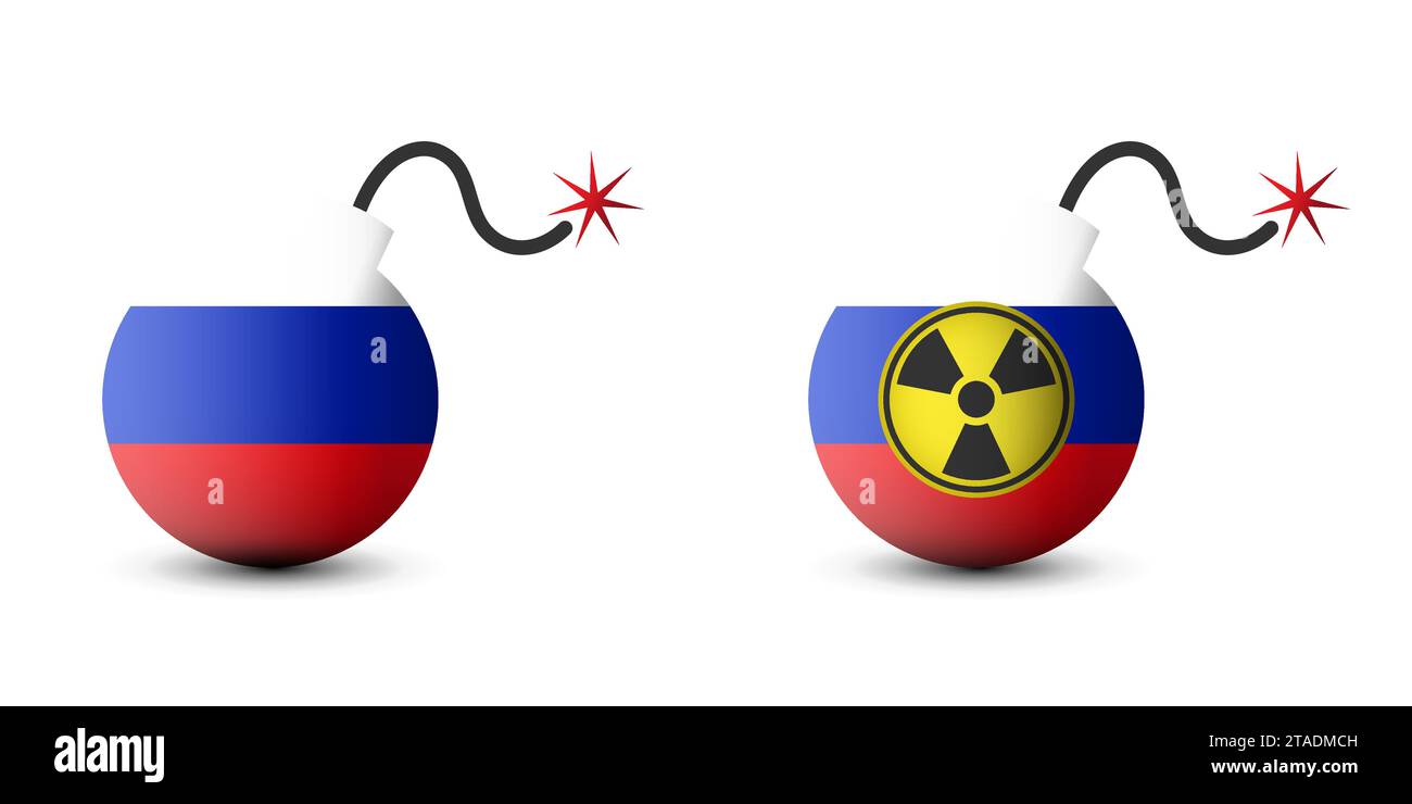 Bomba dipinta nei colori della bandiera russa con simbolo di radiazione. Illustrazione del vettore piatto Illustrazione Vettoriale