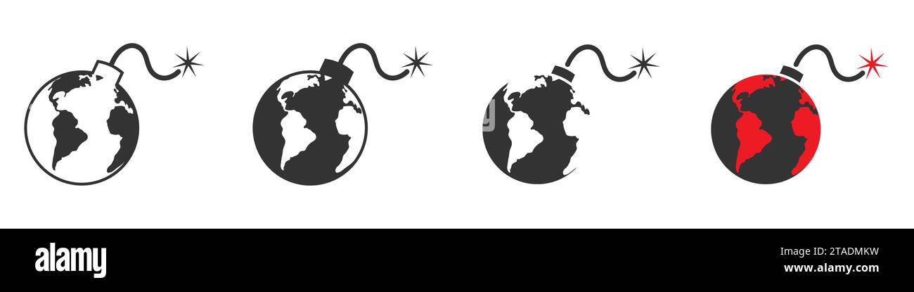 Set di icone bomba di terra. La Terra come una bomba. Concetto di Apocalypse. Illustrazione vettoriale Illustrazione Vettoriale