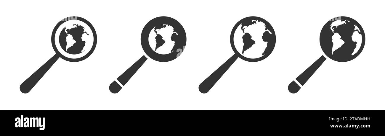 Icona globo terrestre e lente di ingrandimento. Illustrazione del vettore piatto Illustrazione Vettoriale