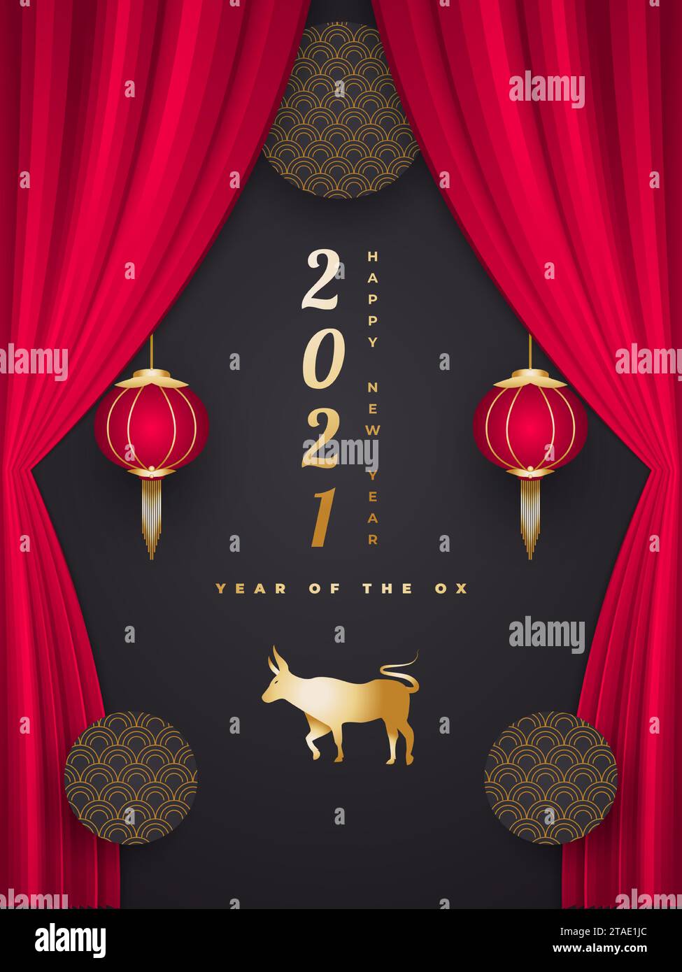 Striscione felice Capodanno cinese con bue dorati e lanterna su sfondo rosso. Simbolo zodiaco cinese. Capodanno lunare, anno del bue Illustrazione Vettoriale