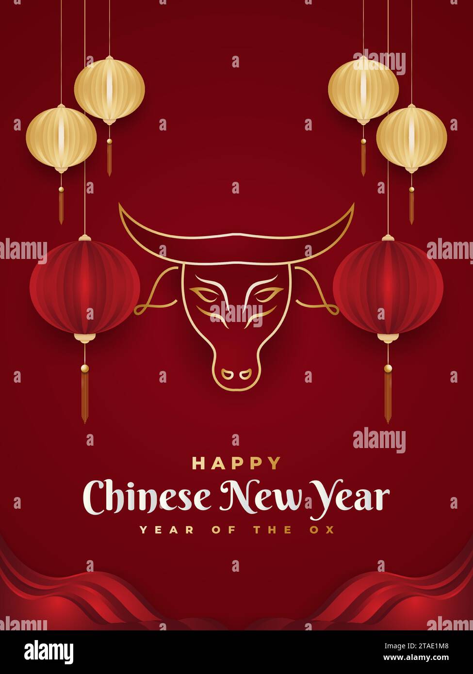 Striscione felice Capodanno cinese con bue dorati e lanterna su sfondo rosso. Simbolo zodiaco cinese. Capodanno lunare, anno del bue Illustrazione Vettoriale