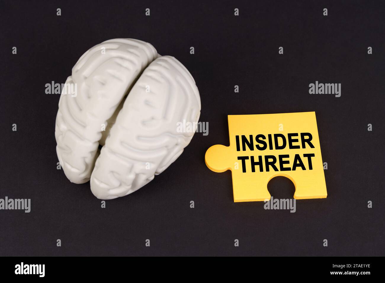 Su una superficie nera si trovano un cervello e un puzzle giallo con l'iscrizione - MINACCIA INTERNA. Concetto aziendale e tecnologico. Foto Stock