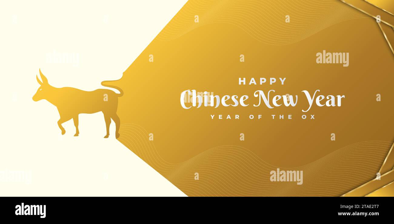 Striscione felice anno nuovo cinese con bue dorato su sfondo di carta dorata. Simbolo zodiaco cinese. Capodanno lunare 2021 anno del bue Illustrazione Vettoriale