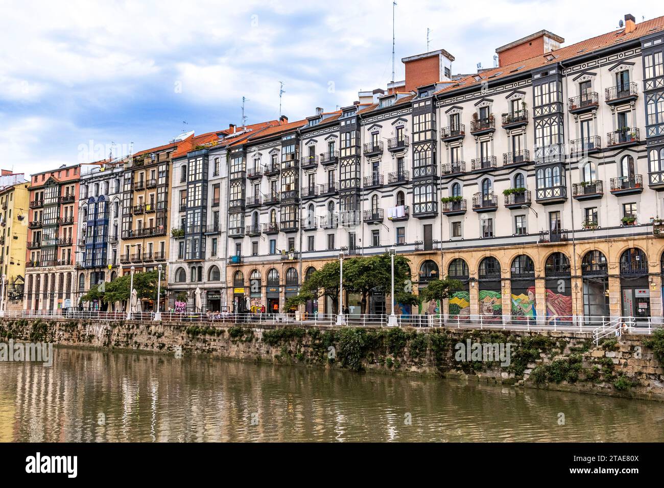 Spagna, Paesi Baschi, Bilbao, la città più grande della comunità autonoma dei Paesi Baschi e del nord della penisola iberica.le casco Viejo est le nom que l'on donne à Bilbao au “centre historique de la ville”. Il casco Viejo è il nome dato al centro storico di Bilbao, con facciate con logge di vetro dipinte in tipico abete basco verde o rosso ocra. Foto Stock