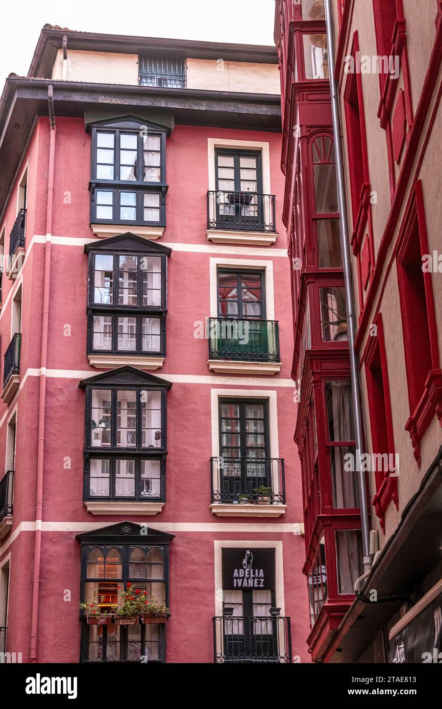 Spagna, Paesi Baschi, Bilbao, la città più grande della comunità autonoma dei Paesi Baschi e del nord della penisola iberica.le casco Viejo est le nom que l'on donne à Bilbao au “centre historique de la ville”. Il casco Viejo è il nome dato al centro storico di Bilbao, con facciate con logge di vetro dipinte in tipico abete basco verde o rosso ocra. Foto Stock