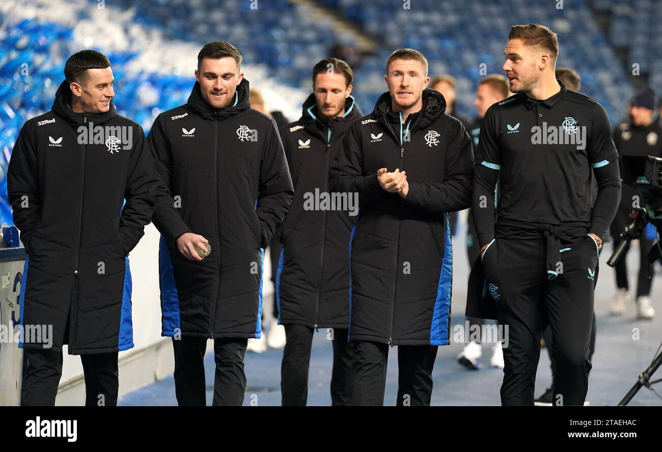 I Rangers arrivano per la partita UEFA Europa League gruppo C allo stadio Ibrox di Glasgow. Data foto: Giovedì 30 novembre 2023. Foto Stock