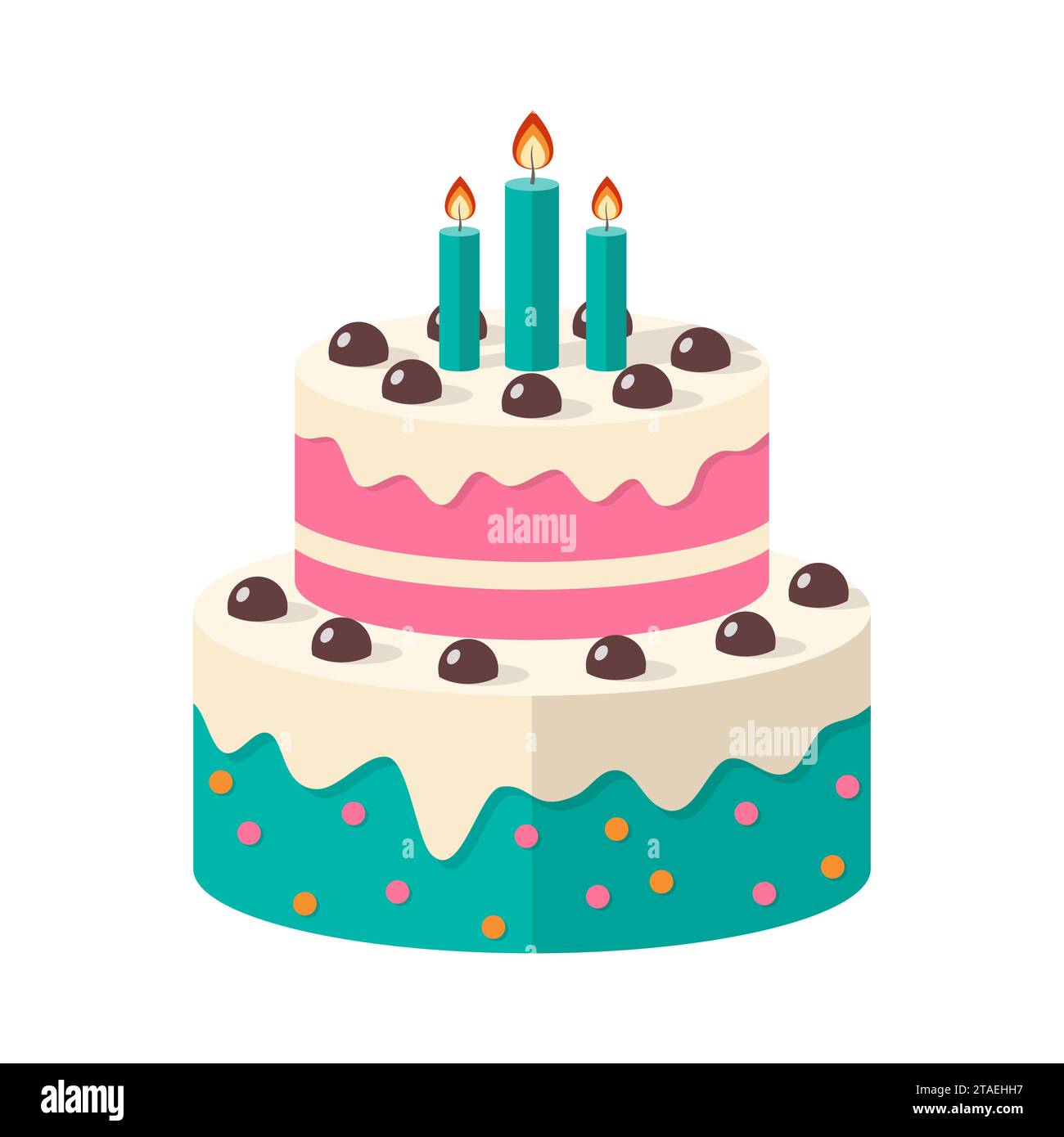 Una graziosa icona della torta di compleanno con candele. Dessert tradizionale per feste o celebrazioni. Dolci dolci. Illustrazione vettoriale. Illustrazione Vettoriale