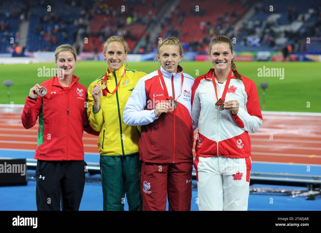 Sally Peake, Alana Quade (nata Boyd), Sally Scott e Alysha Eveline Newman nella cerimonia della medaglia d'oro femminile ai Giochi del Commonwealth, Glasgow Foto Stock