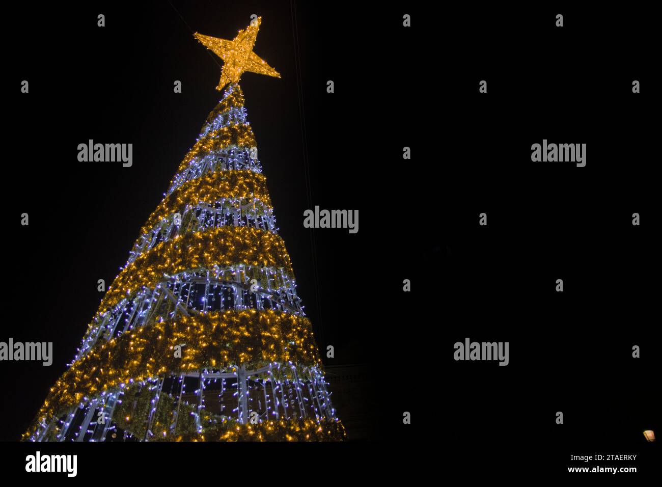 Immagine vista terra di un albero di Natale decorato con stelle e luci a LED con sfondo scuro e spazio per le copie sulla destra Foto Stock Immagine vista terra di un albero di Natale decorato con stelle e luci a LED con sfondo scuro e spazio per le copie sulla destra Foto Stock