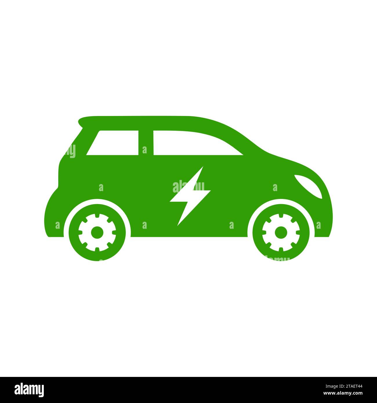 Icona di un'auto elettrica con un segnale di fulmine. Punto di ricarica dei veicoli ibridi per auto EV. Concetto di veicolo ecocompatibile. Illustrazione vettoriale. Illustrazione Vettoriale