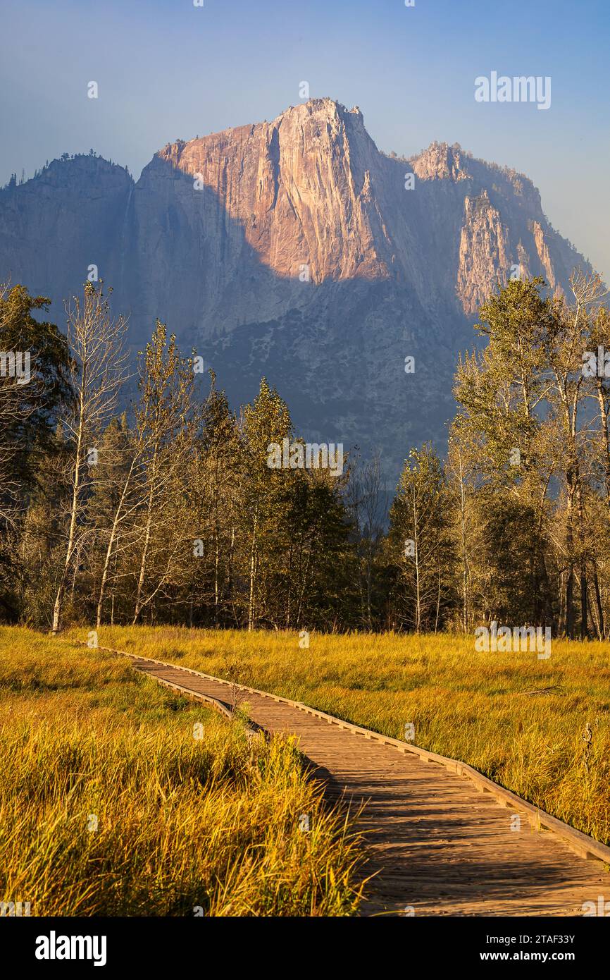 Nel tardo pomeriggio, soleggiata vista verticale delle cascate Yosemite con una passerella e un prato in primo piano in autunno, California, Stati Uniti Foto Stock