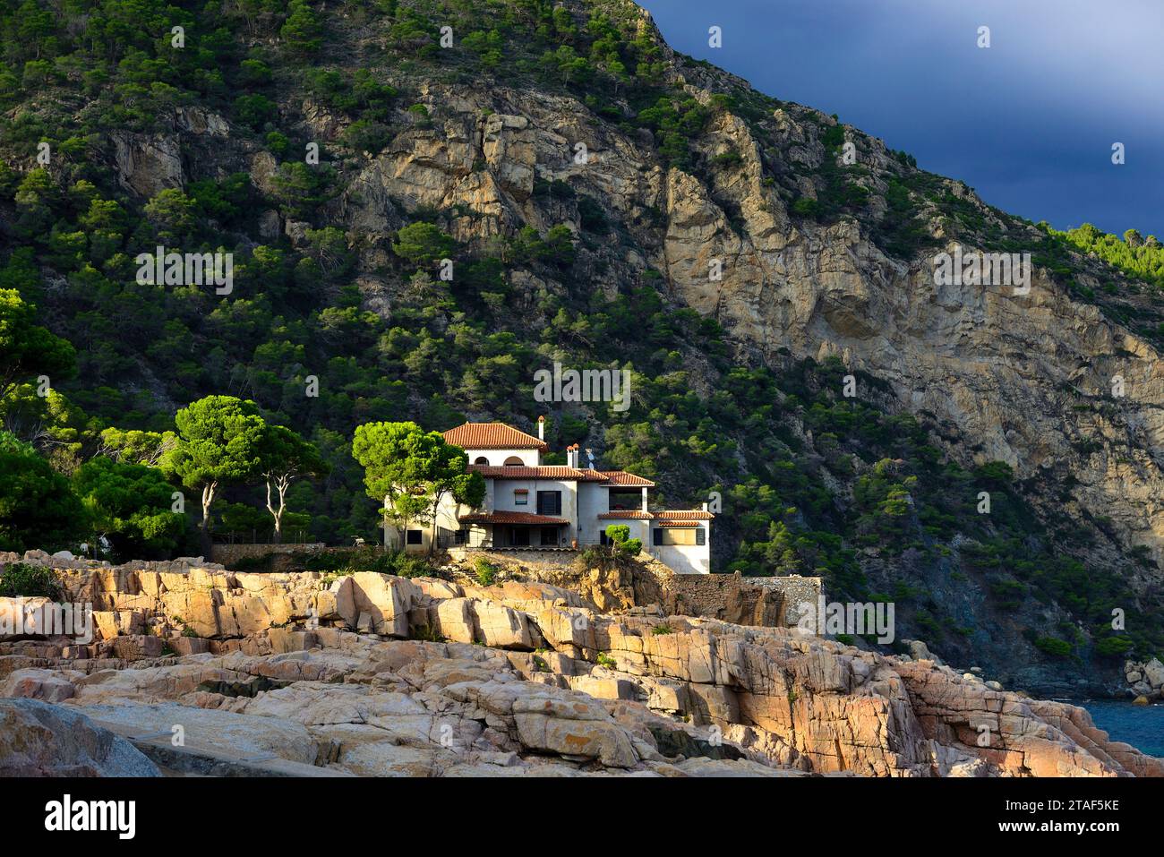 Lussuosa villa arroccata su rocce che si affaccia sul mar mediterraneo a Fornells Bay vicino alla famosa spiaggia Costa Brave di Aiguablava, Spagna Foto Stock