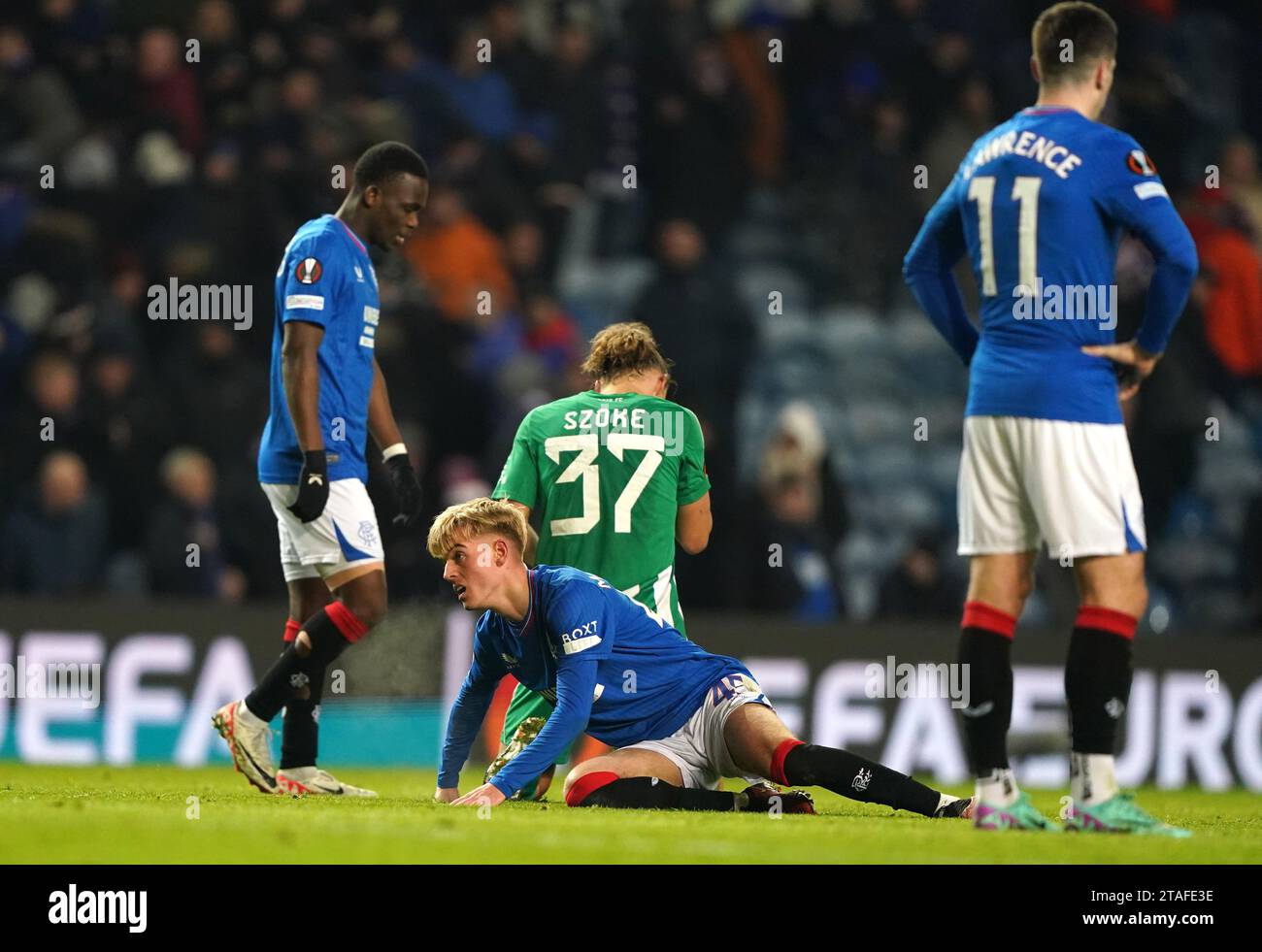 Ross McCausland dei Rangers reagisce durante la partita di UEFA Europa League Group C allo stadio Ibrox di Glasgow. Data foto: Giovedì 30 novembre 2023. Foto Stock