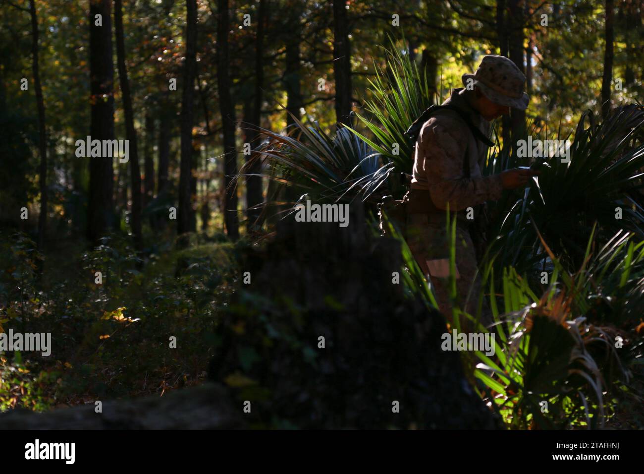 Recruits with November Company, 3rd Recruit Training Battalion, completano il corso di navigazione terrestre a bordo del Marine Corps Recruit Depot, Parris Island, S.C., il 29 novembre 2023. La navigazione terrestre è una parte del Basic Warrior Training, progettato per insegnare alle reclute la competenza nella navigazione non tecnica. (Foto del corpo dei Marines degli Stati Uniti di Jacqueline Kliewer) Foto Stock