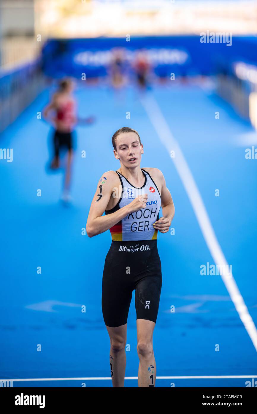 Annika Koch partecipa a Pontevedra nel World Triathlon Championship Series 2023. Foto Stock