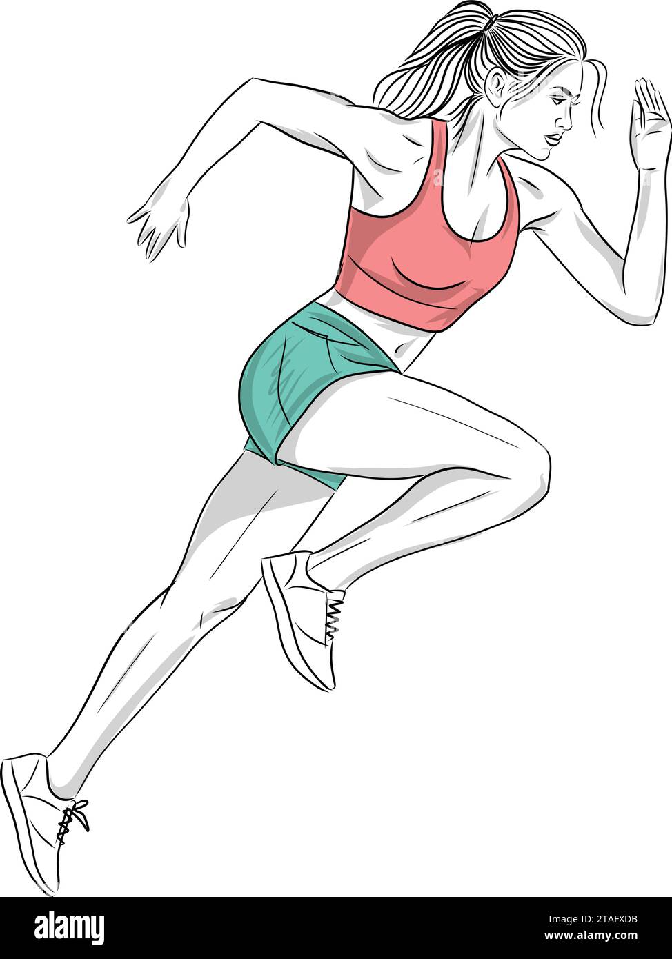 Schizzo di una giovane donna in corsa, illustrazione vettoriale disegnata a mano Illustrazione Vettoriale