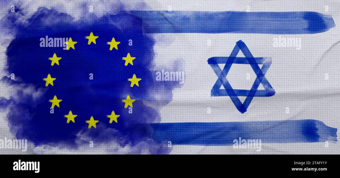 Relazioni internazionali. Bandiere di Israele e dell'Unione europea su superficie testurizzata, design di striscioni Foto Stock