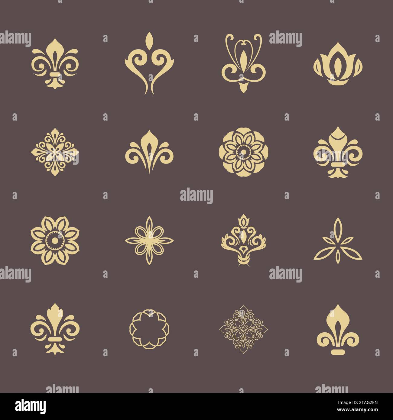 Serie di motivi vintage. Elementi per sfondi, cornici e monogrammi. Motivi classici. Set di motivi dorati vintage Foto Stock