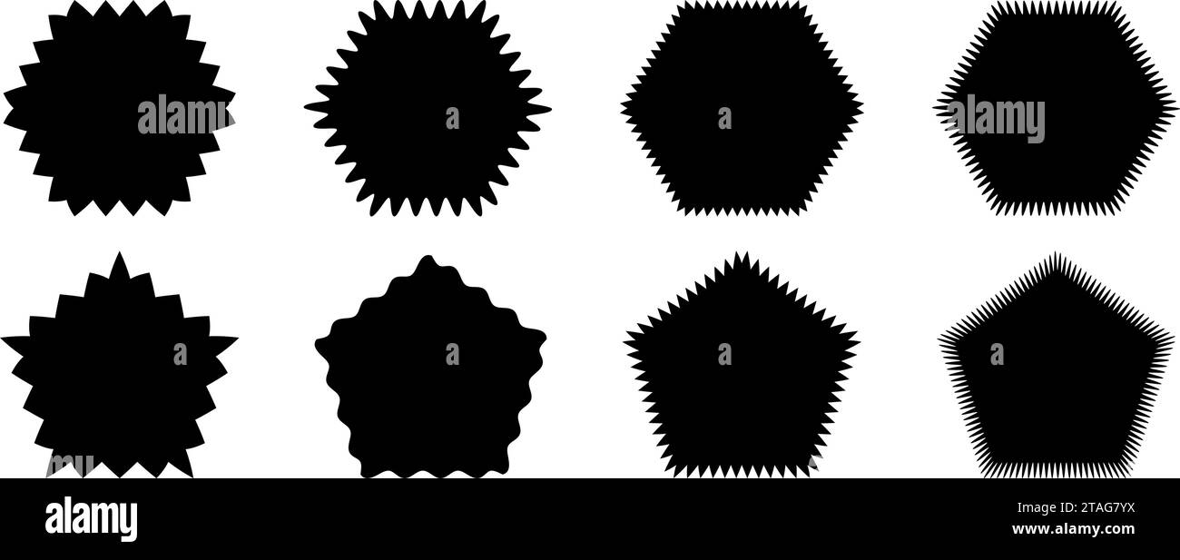 Collezione a zig zag e bordi ondulati. Set di elementi esagonali e pentagono frastagliati. Confezione nera per la decorazione, banner, poster, modello, adesivo, distintivo, etichetta, etichetta, volantino. Bundle vettore Illustrazione Vettoriale