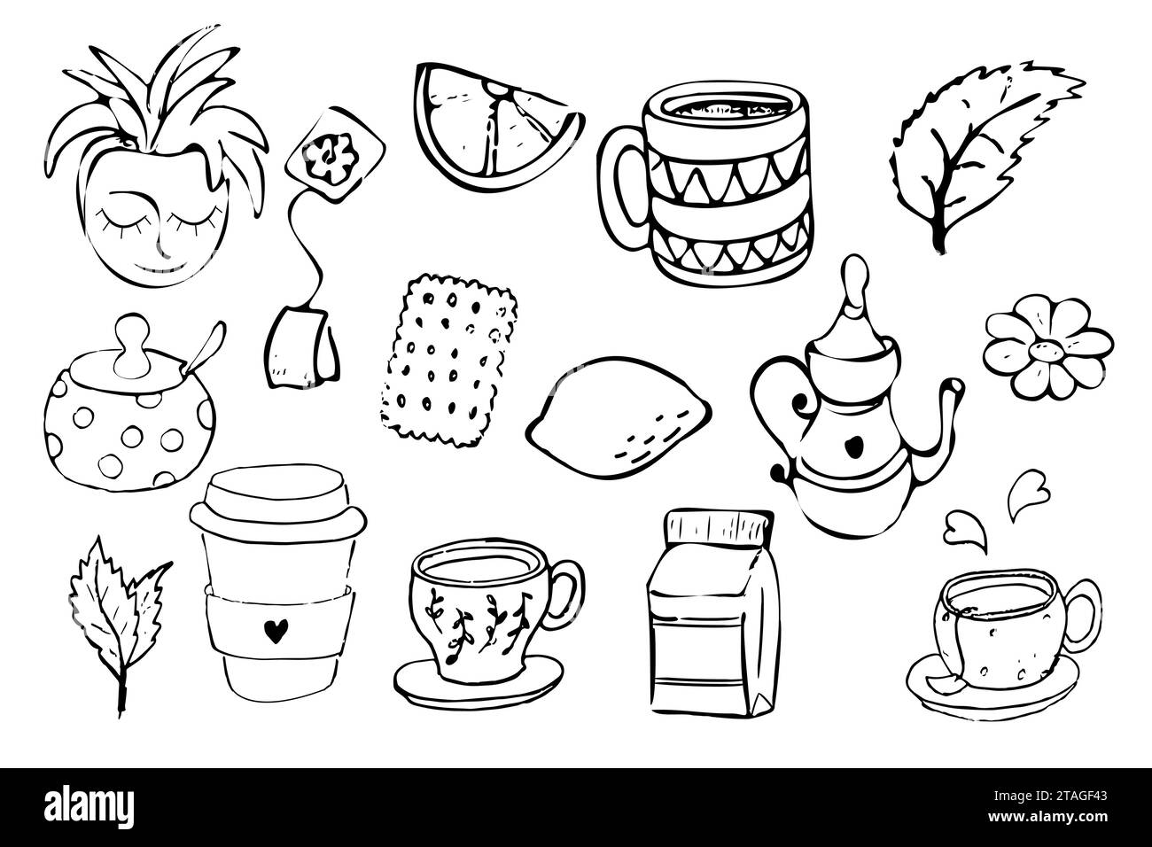 Preparare tè e caffè con tazze, menta, camomilla, limone e latte in stile doodle isolati su sfondo bianco. Illustrazione vettoriale Illustrazione Vettoriale