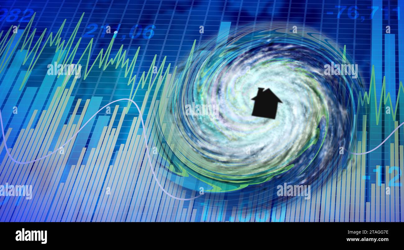 Disastro immobiliare e alloggi turbolento mercato dell'acquisto di case e mutui subprime mutui turbolenza finanziaria e crisi del debito delle case come economia Foto Stock